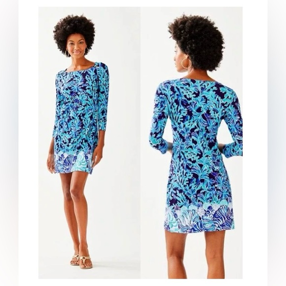 NWT LILLY PULITZER 50+ SOPHIE DRESS Size L BRIGHT NAVY IN TOO DEEP ENGINEERED - Picture 2 of 8